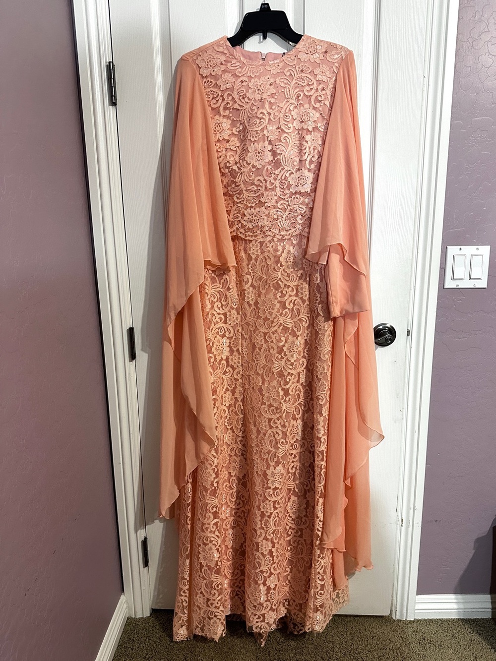 Brand new Elegant Lace Evening Turkish Gown in Peach with Draped Chiffon Sleeves
